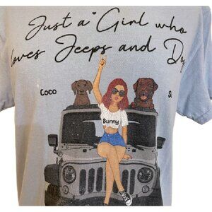 Gildan Womens Just a Girl Loves Jeeps and Dogs Blue T-Shirt S Crew Cotton Tee